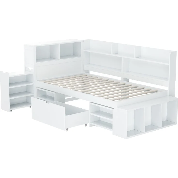 Merax Kinderbett mit Schubladen, Bücherregal & Stauschrank, mit Lattenrost, ohne Matratze, Plywood weiß, 90 x 200 cm – Bild 9