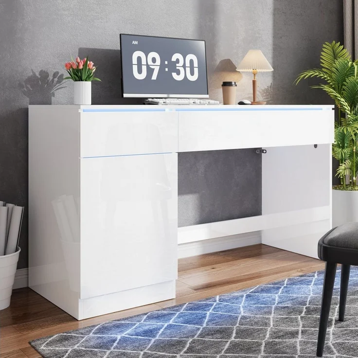 Flieks Schreibtisch Computertisch Arbeitstisch Bürotisch mit LED-Beleuchtung (120x50x78 cm, 1-St, 1 Tisch), Multifunktionstisch mit 2 Schublade und 1 Türen hochglänzend Weiß – Bild 2