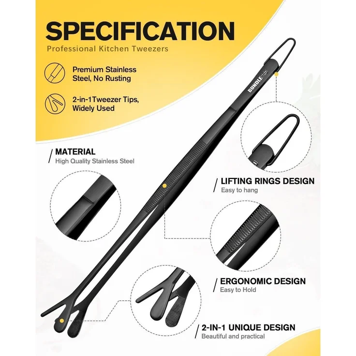 Doppelspitze Kochpinzette Edelstahl 2-in-1 Profi Küchenpinzette 30.5 cm Schwarz – Bild 2