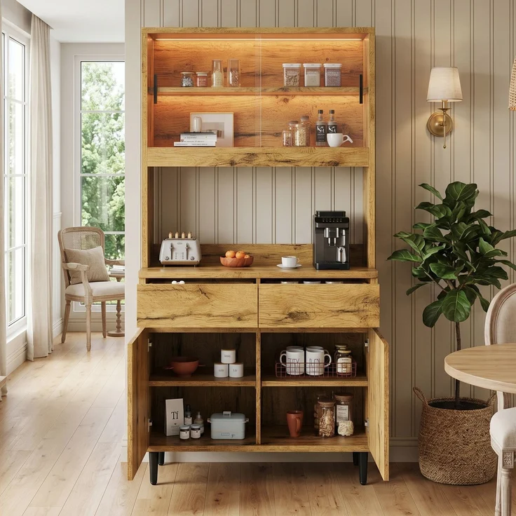 Buffetschränke, Esszimmer-Hochschrank 100*40*185 cm, mehrstufigem Stauraum, integrierter Steckdose sowie USB-C- und USB-A-Anschlüssen,Mit farbigem Lichtstreifen, Eichenfarbe – Bild 5