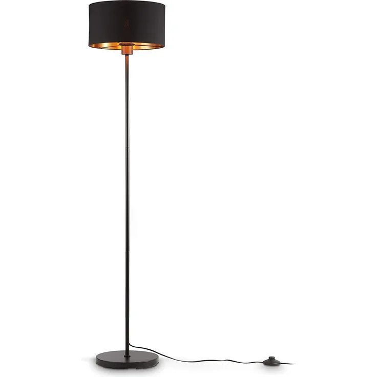 B.K.Licht Stehlampe Stoff-Stehleuchte Schwarz-Gold Textil E27 - BKL1417, ohne Leuchtmittel, Industrial Stoffschirm 30 cm 140 cm Kabel mit Fußtaster