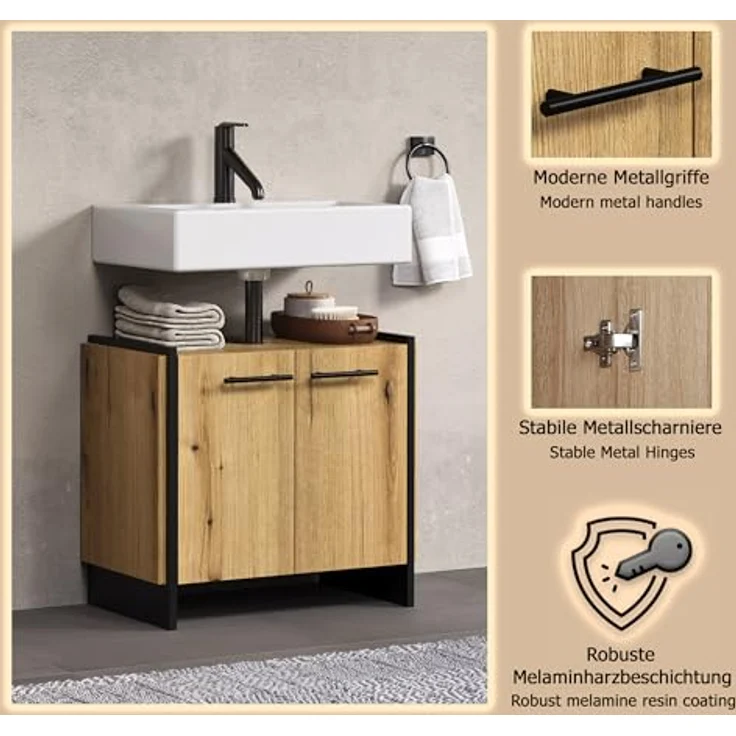 trendteam smart living - Safiya - Waschbeckenunterschrank - Eiche/Schwarz - Waschtisch mit 2 Türen und 1 Einlegeboden - (BxHxT) 60 x 56 x 34 cm - Schwarze Metallgriffe – Bild 6