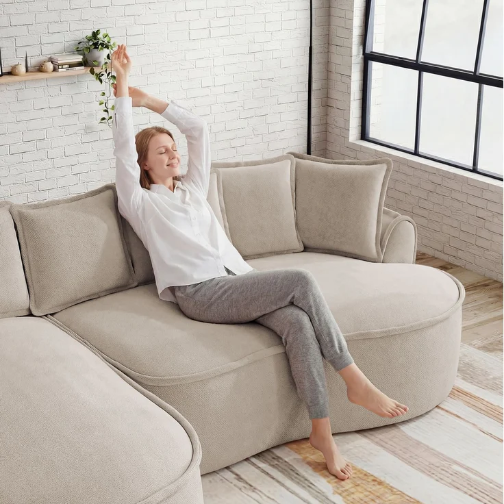 Modulares Sofa aus Chenille mit Chaiselongue, tiefe Sitzfläche, 252 x 164 x 67 cm, Hellbraun – Bild 10