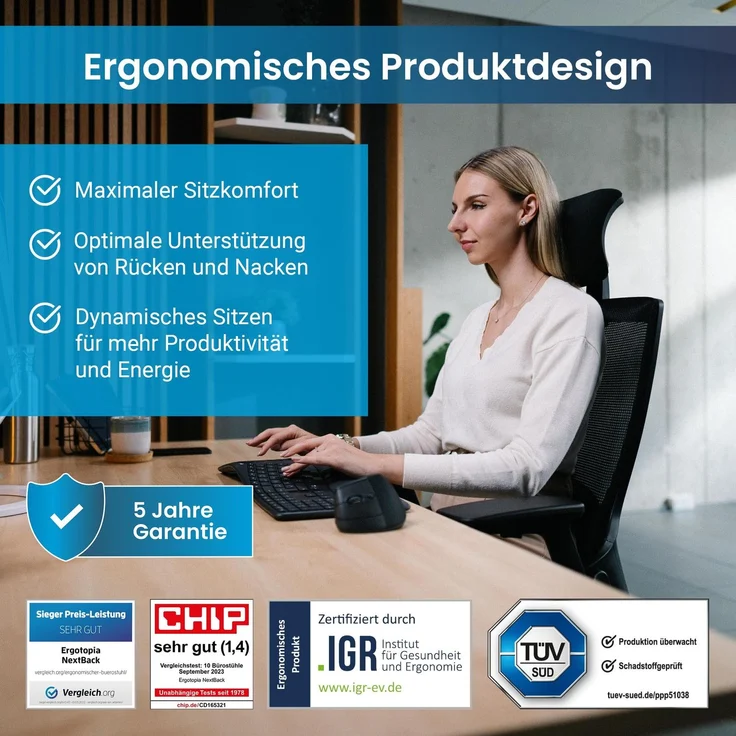 Ergotopia 'NextBack' ergonomischer Bürostuhl mit integrierter Lordosenstütze, Drehstuhl mit 3D Armlehnen & verstellbarer Kopfstütze, Schwarz – Bild 3