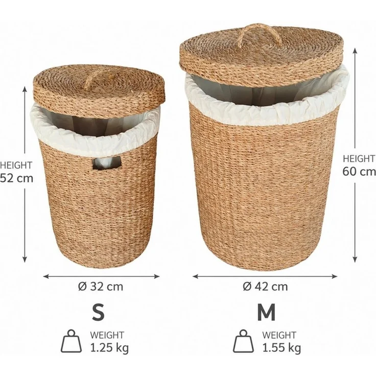 Casa Moro Wäschekorb mit Deckel aus Seegras, rund, 38/75 L (Set, 2 St, S: Ø 32 x H 52 cm, M: Ø 42 x H 60 cm), Handgeflochten, Wäschebeutel herausnehmbar und bei 30 °C waschbar – Bild 2