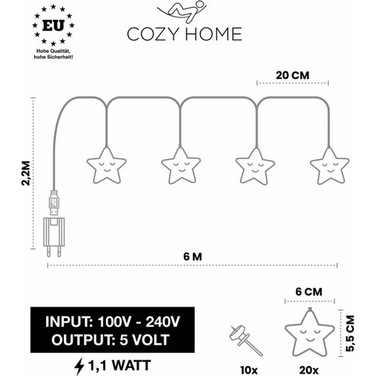 COZY HOME Lichterkette Sterne für Kinder, mit APP steuerbar, Batterie & Stecker, 20 warmweiße Sterne, 8 Modi, Dimmbarkeit & Musikmodus – Bild 4