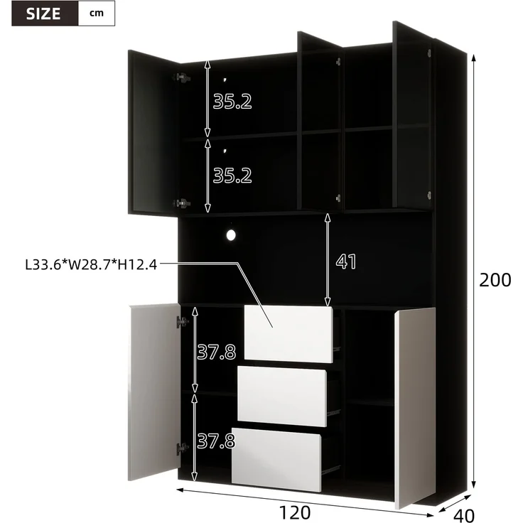 Vitrine 120x40x200 cm in Schwarz mit LED, Glasbereich, 3 Schubladen und 2 Türen – Bild 5