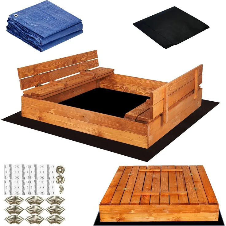 SPRINGOS Holz-Sandkasten mit Sitzbänken 120x120 cm Extra Vlies für Sandkästen und Abdeckplane Imprägniertes Holz Kinder-Sandkasten Spielplatz