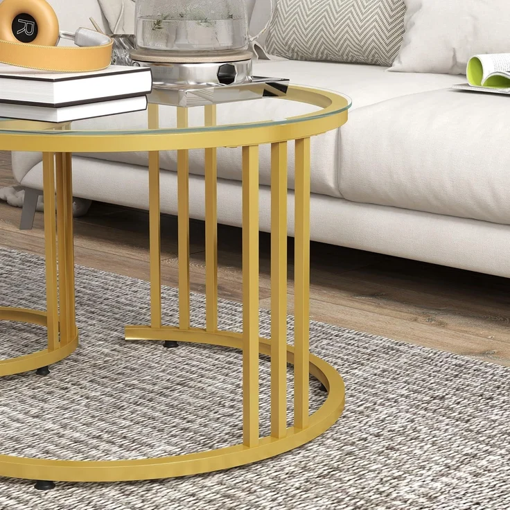 HOMCOM Couchtisch runde Couchtische Set von 2 mit gehärtetem Glas und Stahlrahmen (Beistelltisch, 2-St, Schachteltisch), für Wohnzimmer, Gold – Bild 9