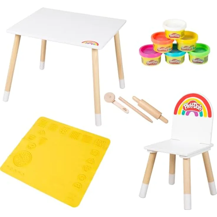 Roba Kreatives Sitzgruppen-Set Roba + Play-Doh, Tisch und Stuhl aus FSC-zertifiziertem Holz, 3D-Spielmatte 50 x 55 cm, inkl. 6 Dosen Knetmasse, Teigrolle, Pizzaschneider & Modelierwerkzeug
