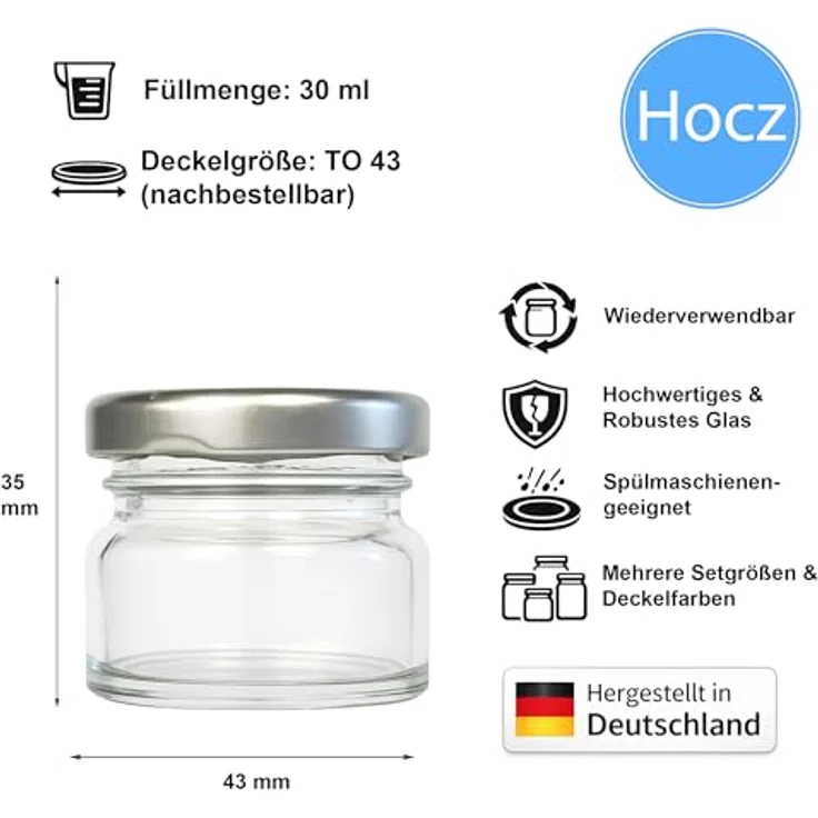 hocz 6x Mini Marmeladengläser 30 ml | mit Deckel Silber TO 43 | kleine Einmachgläser mit Schraubdeckel zum befüllen | Schraubgläser, Sturzgläser Set | leere Gläser für Marmelade | 6 Stück – Bild 2