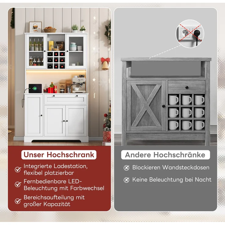 Küchenschrank, Hochschrank, Aufbewahrungsschrank, Vitrinenschrank mit Tür, integriertem Gewürzregal, verstellbaren Einlegeböden,mit farbwechselnder LED-Beleuchtung und Steckdose, 180 × 105 × 40 cm--Weiß--105x40x180cm--YOUDENOVA – Bild 5