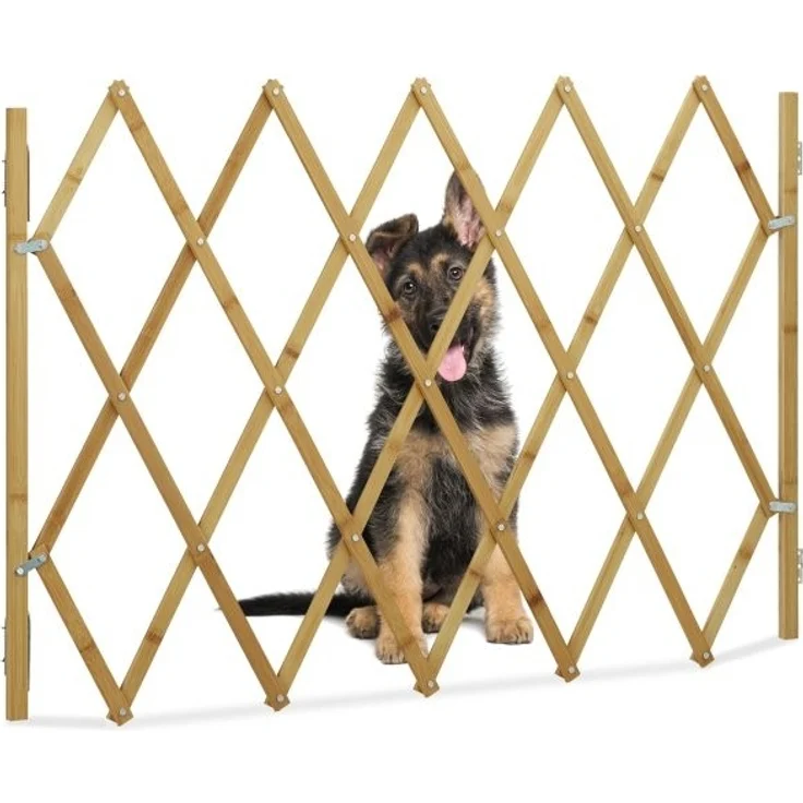 Relaxdays Hundeabsperrgitter, Schutzgitter für Tür & Treppe, Scherengitter ausziehbar bis 116,5 cm, 82,5 cm hoch, Natur – Bild 1