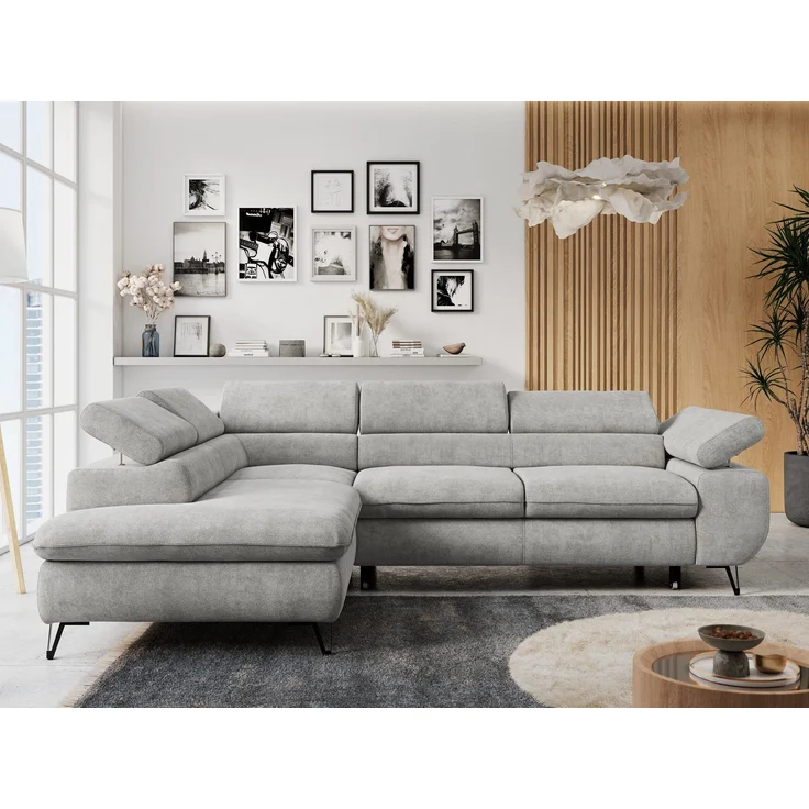 Mks Möbel 'Peter L-form' Ecksofa mit Bettfunktion, Bettkasten & einstellbaren Kopfstützen, Hellgrau, Stoff, links – Bild 1