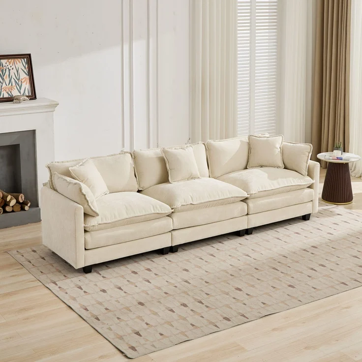 ZUBALIYA Sofa mit LED - Beleuchtung, mit Chenille - Bezug, mit Cordbezug, modular aufgebaut, aus Chenille, Beige – Bild 4