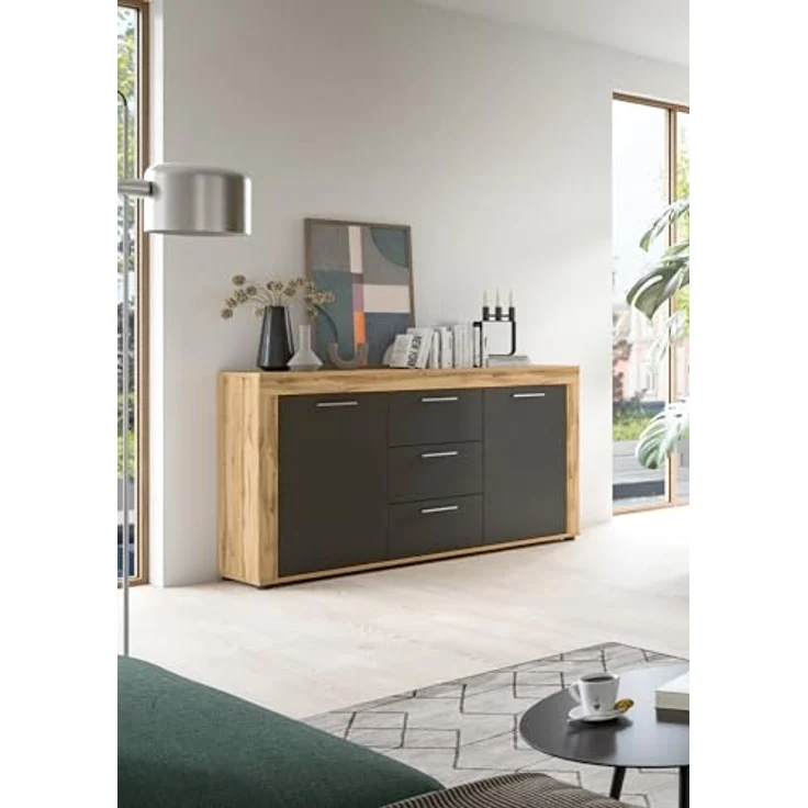 xonox. home Wohnen Jam X8BN1T01 Sideboard Schrank Lowboard Wohnzimmerschrank in Wotan Eiche Melamin/grau Nachbildung, ca. B/H/T: 125 x 80 x 35 cm – Bild 3