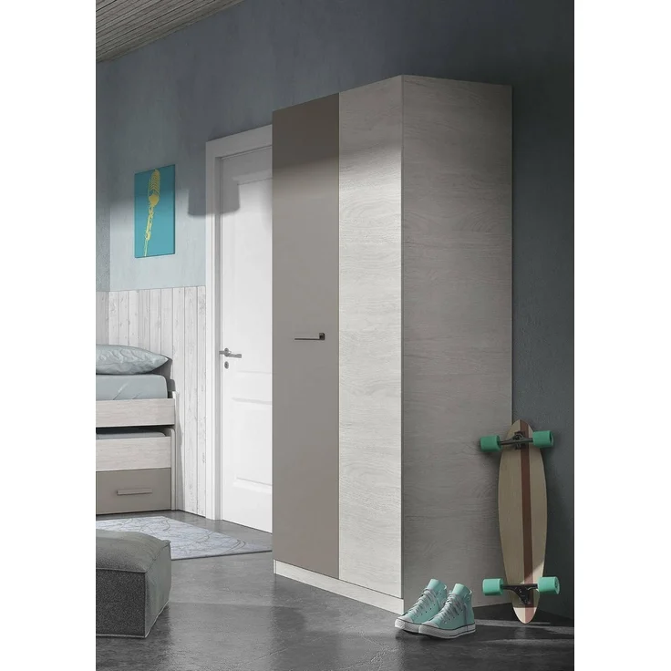 Dmora - Kleiderschrank 2 Türen Abilene, Schlafzimmerschrank, Schrank mit 3 Regalen und Kleiderstange, 90x52h200 cm, Weiß und Braun – Bild 1