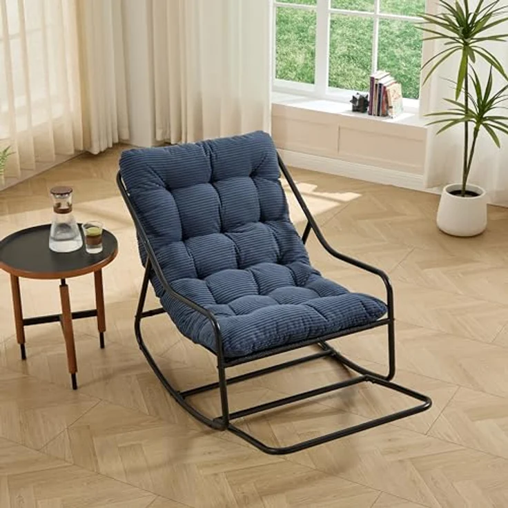 Ball & Cast Schaukelstuhl für Drinnen & Draußen, Rocking Chair mit Gepolstertem Kissen und Fußstütze, Balkonsessel für Wohnzimmer, Garten & Terrasse, Marineblau – Bild 2