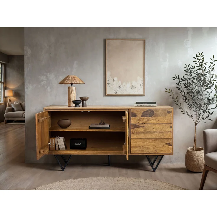 FineBuy Sideboard 175 x 71 x 40 cm Sheesham Massivholz Kommode mit Steinoptik Weiß, Hoher Kommodenschrank Modern, Standschrank mit 2 Türen und 3 Schubladen, Anrichte Wohnzimmer – Bild 4
