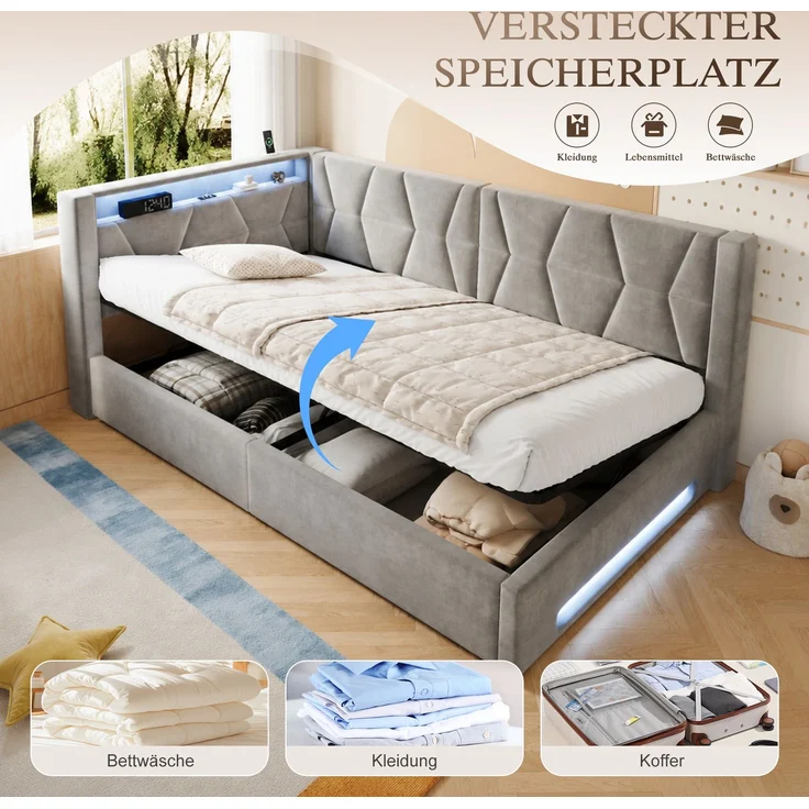 LVHOM Einzelbett 90x200 cm mit Stauraum, Polsterbett mit LED, USB und Type-C, Jugendbett, Hydraulischem Bettgestell, Samt, Grau – Bild 4