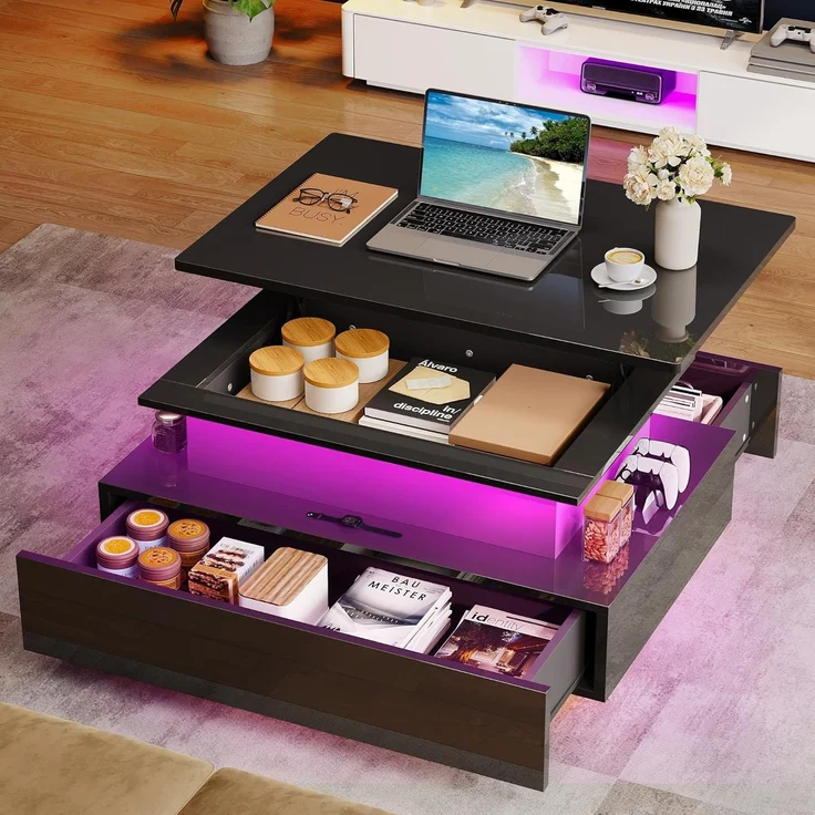 YITAHOME Couchtisch Höhenverstellbar, Wohnzimmertisch Hochglanz mit Hebeplatte,Couch Tisch Wohnzimmer mit 16-Farbiger LED Modern and 2 Schubladen – Bild 8