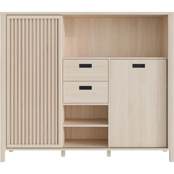 Forte JYTANA Schrank 150, skandinavischer Schrank mit 2 Schubladen und Schranktüren und 3 Regalfächern, Riva Eiche Holzdekor, 149,9 cm breit x 129,9 cm hoch x 40,2 cm tief – Bild 3