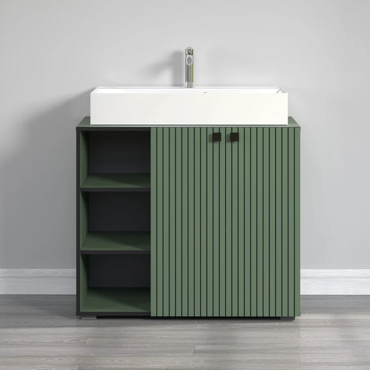 trendteam smart living - PureBliss - Waschbeckenunterschrank - Grün - Rillenoptik - 3 offene Fächer + 1 Einlegeboden - (BxHxT) 90 x 79 x 53 cm - edle Metallgriffe – Bild 7