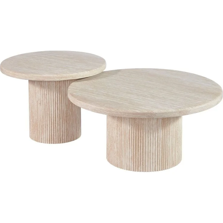 alesvelt Couchtisch Trivento Travertin-Design Tischplatte 2er-Set im edlen Säulenstil (2-er Set), Ø80X38 CM + Ø60X43 CM – Bild 2