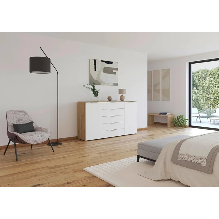 Rauch Möbel Flipp, Kommode für Schlafzimmer, Kinderzimmer, Wohnzimmer, Jugendzimmer, Flur, Garderobe, 2-türig, 5 Schubladen, mit Softclose-Funktion, Farbe Eiche Artisan, Holz/Weiß, Breite 180 cm – Bild 2
