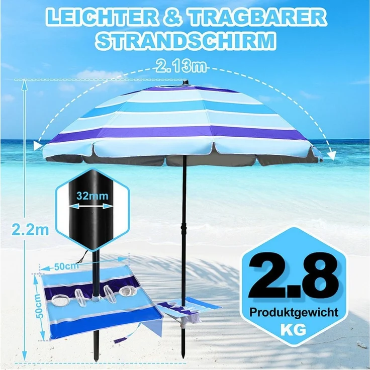 Clanmacy Sonnenschirm ∅210 cm, Strandschirm, Sonnenschutz UPF 50+, Ablagefläche, 1 x Sonnenschirm,1 x Klapptisch,1 x Haken,1 x Tragetasche, 2-in-1 Sonnenschirm und Strandschirm, Schirm höhenverstellbar,für Garten, Balkon,Terasse/Sonnenschutz UV50+ – Bild 2