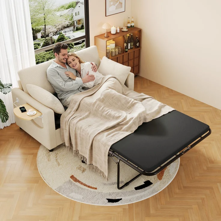 Schlafsofa 134/223x82x84 cm in Beige, Cord mit Schlaffunktion, Matratze, USB/USB-C und klappbarem Seitentisch – Bild 3