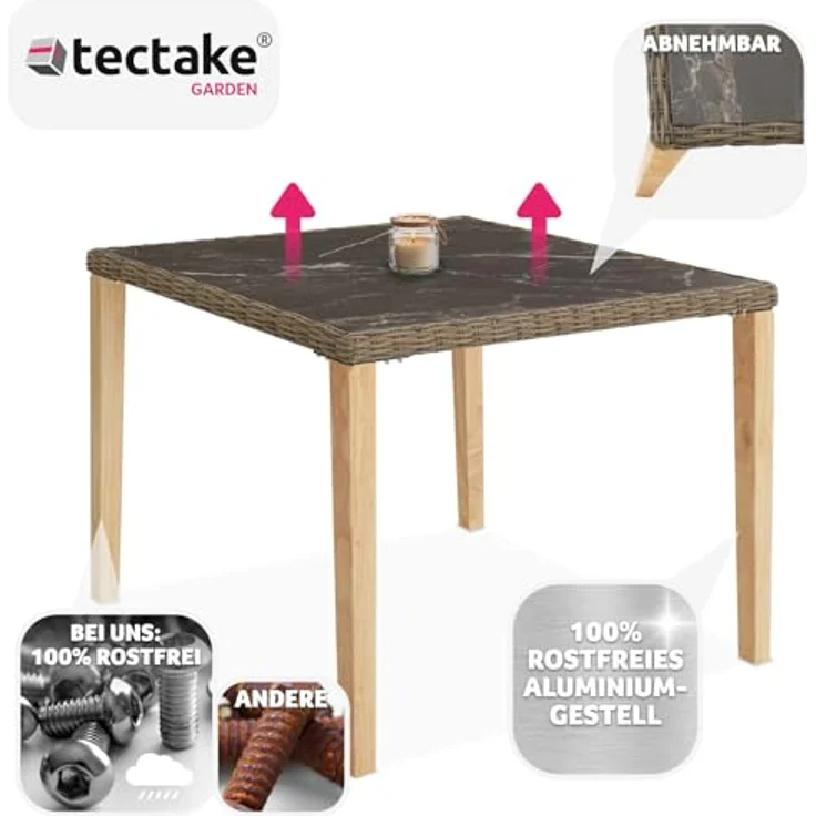 tectake Rattantisch Tarent, quadratisch, marmorierte Feinsteinzeugplatte, 93.5x75x93.5 cm, Aluminiumgestell, UV-beständiges Polyrattan – Bild 4