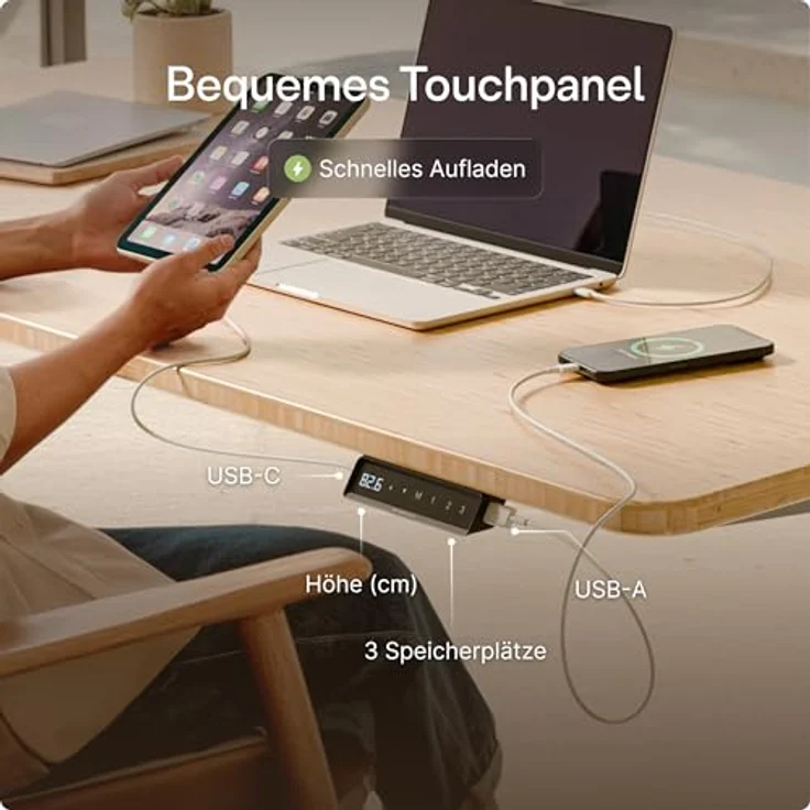 Desktronic Höhenverstellbarer Schreibtisch aus Bambus (140x70 cm) – Elektrisch höhenverstellbar mit flüsterleisem Dual-Motor & Touchscreen – Hohe Tragfähigkeit – Stehtisch HomePro – Bild 7