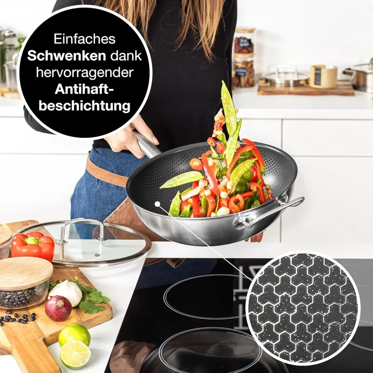 Moritz & Moritz Wok Wokpfanne 30cm mit Deckel, Edelstahl (Set), Antihaft – Bild 3