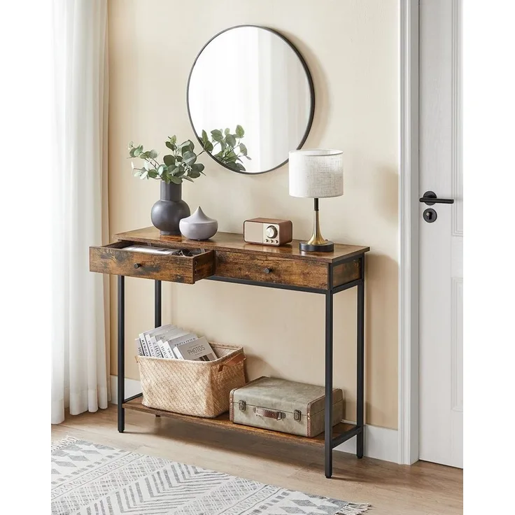 Vasagle Konsolentisch, mit 2 Schubladen, Stahlgestell, Industrie-Design, vintagebraun-schwarz, 80 x 30 x 100 cm