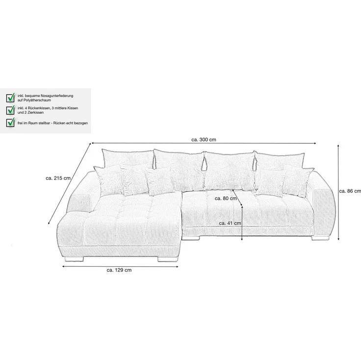 Massivart® Ecksofa Cord 300x215 cm / Nosagfederung / Cordsofa / ARTEMIS, inkl. Kissen-Set · frei im Raum stellbar – Bild 2
