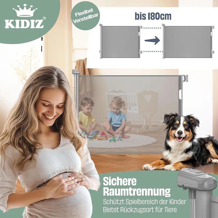 KIDIZ® Treppenschutzgitter Türschutzgitter ausziehbar bis 140/180cm | kindersicheres Treppengitter für Babys & Haustiere | Schutzgitter Treppen & Türen Absperrgitter inkl. Bodenanker & Montagezubehör Hellgrau, 0-180cm – Bild 5