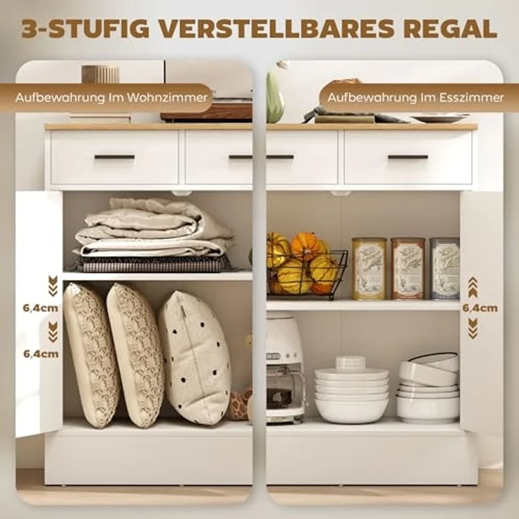 HOMCOM Sideboard Beistellschrank mit 2 Schubladen, 2 Türen (Aufbewahrungsschrank, 1 St, Küchenschrank), mit verstellbarem Einlegeboden, Weiß+Naturholz – Bild 5