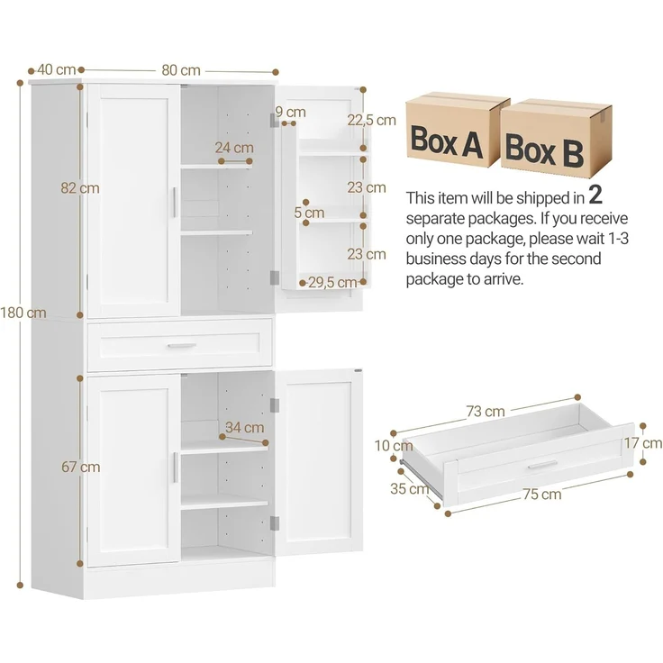 Buffetschrank, Küchenschrank mit 6-stufigem Türrückseiten-Regalsystem, Sideboard mit 4 Türen und 1 Großer Schublade, Modern Stil, Küche, Wohnzimmer, 40 x 80 x 180 cm, Weiß – Bild 9