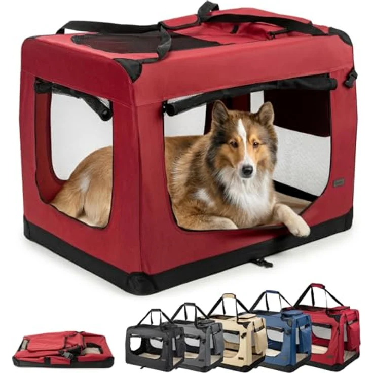 lionto Hundetransportbox, Faltbar, für Reise & Auto, 90x61x65 cm, Rot | Stabile Hundebox aus Stoff mit Netzfenstern, Tragegriffen, weicher Decke & Taschen, für Katzen & Hunde bis 22 kg geeignet – Bild 1