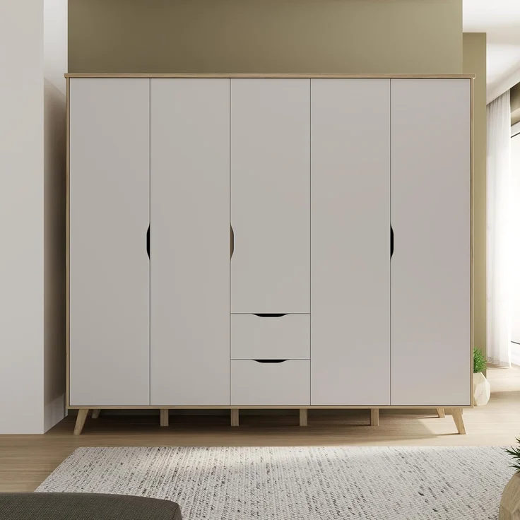 Forte VANKKA Kleiderschrank 230, Skandi Schrank mit 5 Drehtüren und 2 Schubladen, Filigrane Möbelbeine, Holzwerkstoff, Planked Eiche Holzdekor | Weiß, 228,8 cm breit x 201,5 cm hoch x 52,7 cm tief – Bild 5