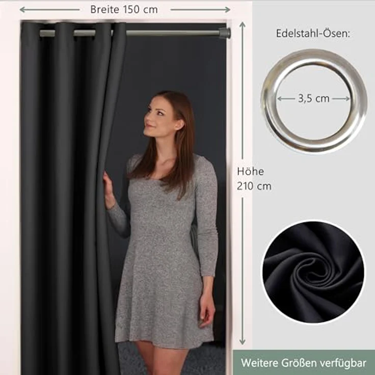 tinycurtains Türvorhang für alle gängigen Türgrößen, Thermovorhang (ohne Stange) Türgardine (1 St), Ösen, abdunkelnd, 100% Polyester, Raumteiler blickdicht schwarz Eclipse 210x150cm für Tür & Fenster – Bild 3