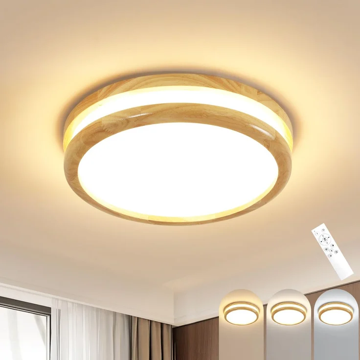 Goeco LED Deckenleuchte Flach RundDimmbar, 24W Holz Ø30CM Deckenlampe mit Fernbedienung, 3000-6500K, LED Deckenbeleuchtung Rund für Wohnzimmer Schlafzimmer Flur Küche – Bild 1
