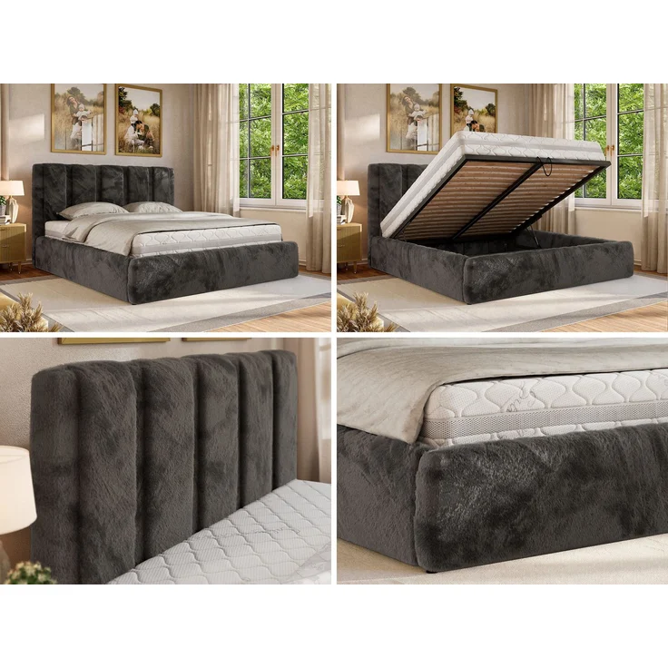 Polsterbett SAVINO CLASSIC mit Bettkasten und Lattenrost Doppelbett 140 x 200 cm mit hohem Kopfteil Stauraumbett Bett mit Gasdruckfeder - Dunkelgrau Plüsch - Multipocket Matratze - ELORI LUX – Bild 2