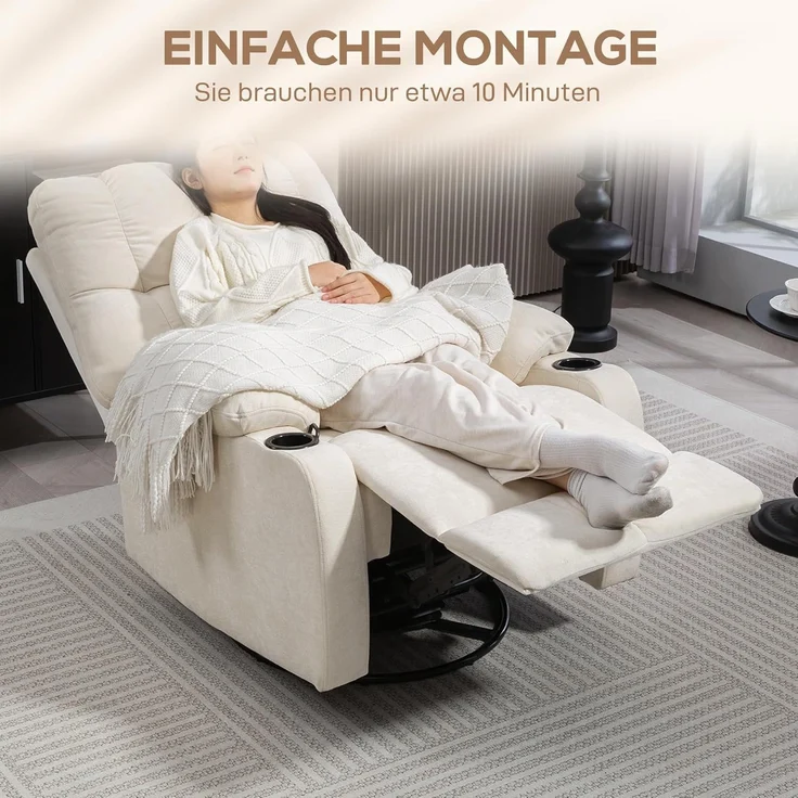 HOMCOM Relaxsessel Fernsehsessel mit Liegefunktion, Schaukelfunktion (Drehbar TV-Sessel mit Fußstütze, 1-St, Taschenfederkern, Becherhalter), für Wohnzimmer, Beige – Bild 7