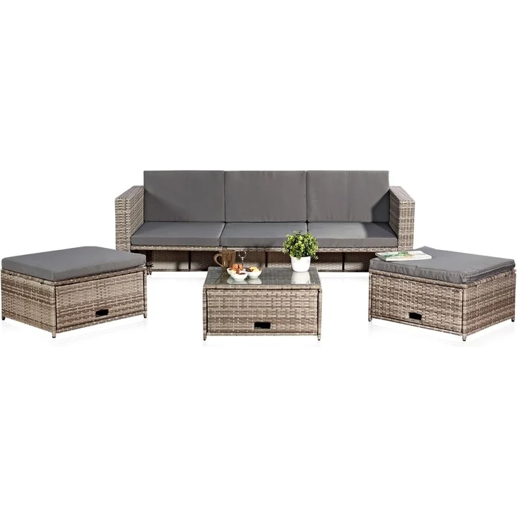 Gartenmöbel 6tlg. Grau Sitzgruppe Sofa Lounge Polyrattan Essgarnitur Sitzkissen – Bild 4