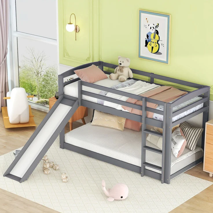 Etagenbett Kinderbett mit Rutsche 90x200 cm, Doppelstockbett für Jugendliche, platzsparendes Hochbett mit Geländer, Leiter beidseitig montierbar,Grau – Bild 3