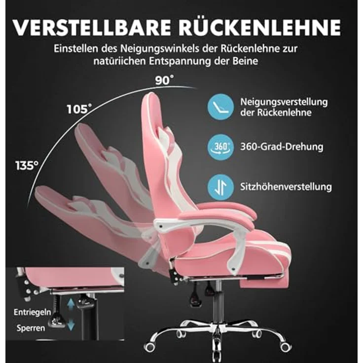 GTPLAYER Gaming Stuhl, Bürostuhl, Ergonomischer Pc Stuhl, Gaming Sessel mit Massagelendenwirbelstütze, Task Stühle mit Fußstütze und Kopfstütze, Rosa Kunstleder – Bild 7