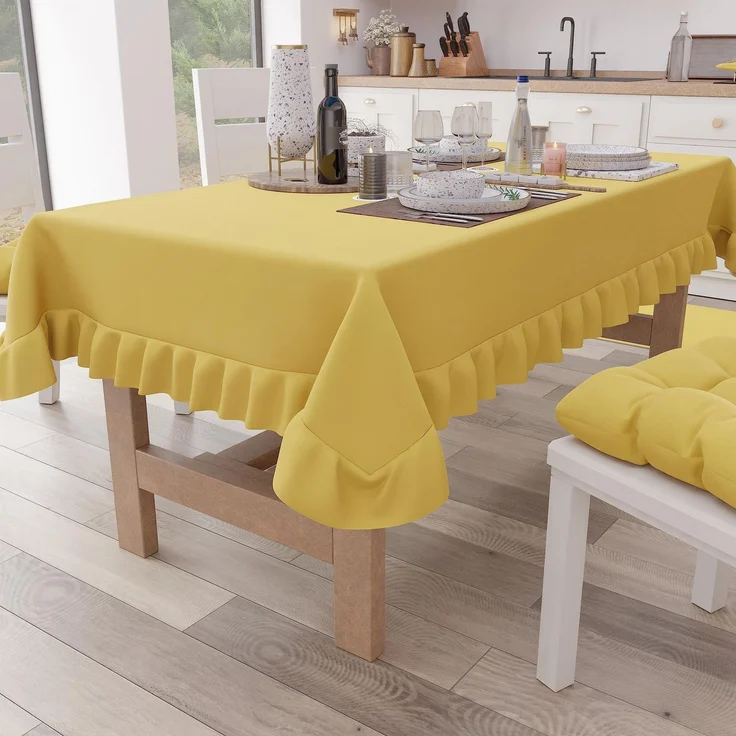 PETTI Artigiani Italiani - Tischdecke mit Volant, Tischdecke, rechteckige Küchentischdecke mit Volant, einfarbige Tischdecke aus Baumwolle, X12-Sitzer (140x240 cm) Gelb