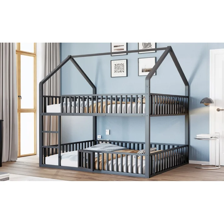 Bett 140x200 cm in Hausform aus Metall mit Tür und Sicherheitsgeländern – kindgerechtes Etagenbett – Bild 4